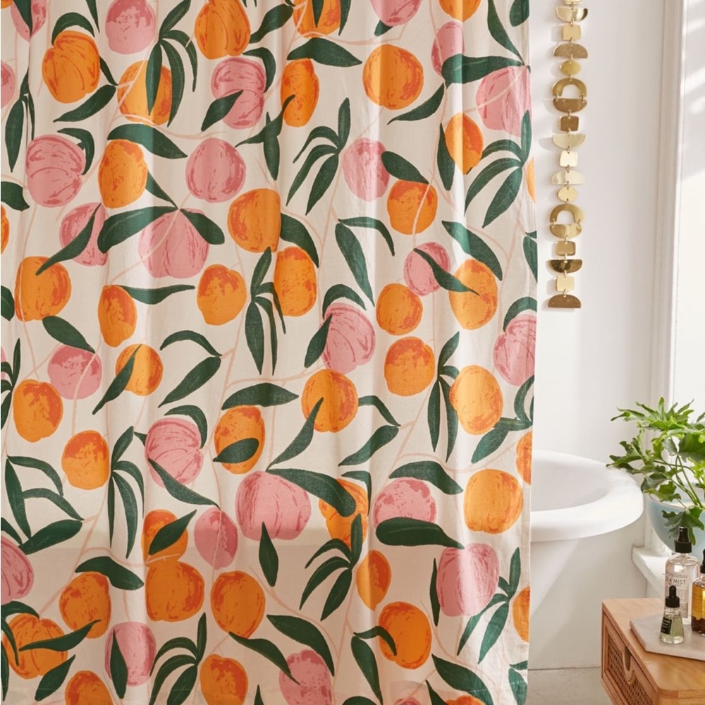 Urban outfitters UO Home Allover fruits pattern Shower Curtain peaches orange